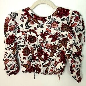SO White Puff Sleeve Crop Floral Blouse Small
